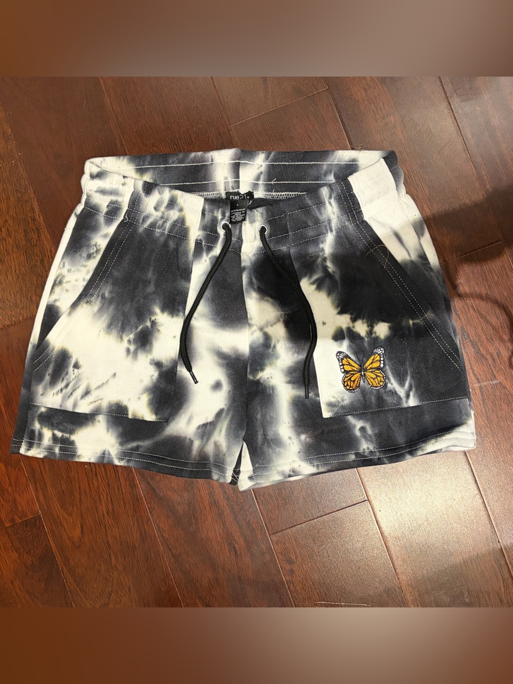 Black & White Tie-Dye Shorts with Butterfly Patch